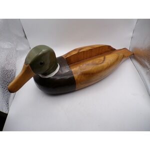 Vintage Hand Carved Painted Wood Duck Figurine Decor Wooden Trinket Dish